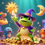 Spin the vibrant casino slots in this colorful scene featuring wizard and chameleon characters.