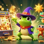 Experience Sunwin magic as the wizard frog conjures coins in a vibrant casino atmosphere.