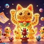 Engage in exciting gameplay with Raja game login, showcasing a lucky cat and colorful lottery elements in a vibrant casino atmosphere.
