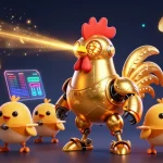 Sunwin offers thrilling gameplay with a vibrant golden rooster robot and crypto elements highlighting the excitement of online gambling.