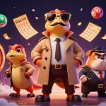 Experience thrilling gaming at M88 asia with raptors in a trench coat entering a VIP casino.