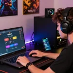 Engaged player enjoying Mahajitu online gaming experience with vibrant décor and modern tech setup.