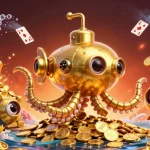 Experience Baccarat excitement with a golden kraken submarine amidst treasure and dynamic gambling elements.