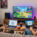 Raja Game login scene with friends gaming together, cozy setting, excitement, vibrant atmosphere.