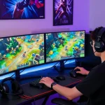 Gamer enjoying the vibrant iwin gaming experience in a lively online gaming room.
