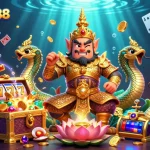 Menang dengan dewataslot888, menampilkan karakter Guardian Thai dan simbol slot yang menarik.