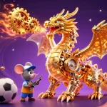 Soi Kèo Bóng Đá features a dragon and mouse in a dynamic sports betting scene with footballs and stadium elements.