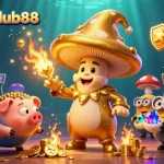 Experience the thrill at menangclub88 with a golden mushroom wizard and rich casino-themed elements.