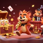 Pemain situs slot dana merayakan kemenangan dengan kombinasi slot reels dan koin emas.