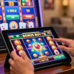 Player enjoying bonus buy slots game on tablet amidst casino elements.
