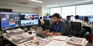 Dynamic newsroom at https://www.theindaily.com with journalists engaged in live updates on India news.