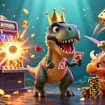 Mengalami keseruan permainan dengan KUY4D melalui ilustrasi 3D, sebagai T-Rex, pterosaurus, dan triceratops bersenang-senang dengan mesin slot yang mengeluarkan koin dan simbol keberuntungan.