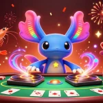 Experience thrilling gameplay on kdslot as a neon axolotl DJ spins magic at a lively poker party.