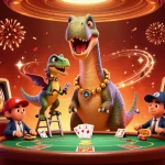 Experience the thrill of depo 5k at this vibrant casino scene with a towering brontosaurus!