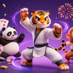 Join DA88's kung fu tiger master amidst a vibrant gambling celebration featuring dynamic slot games and festive energy.