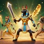 Engage with thrilling gaming action at Win88, featuring heroic Anubis and glowing icons.