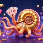 Play exciting games at fly88com with a giant nautilus roulette wheel and glowing arcade elements.